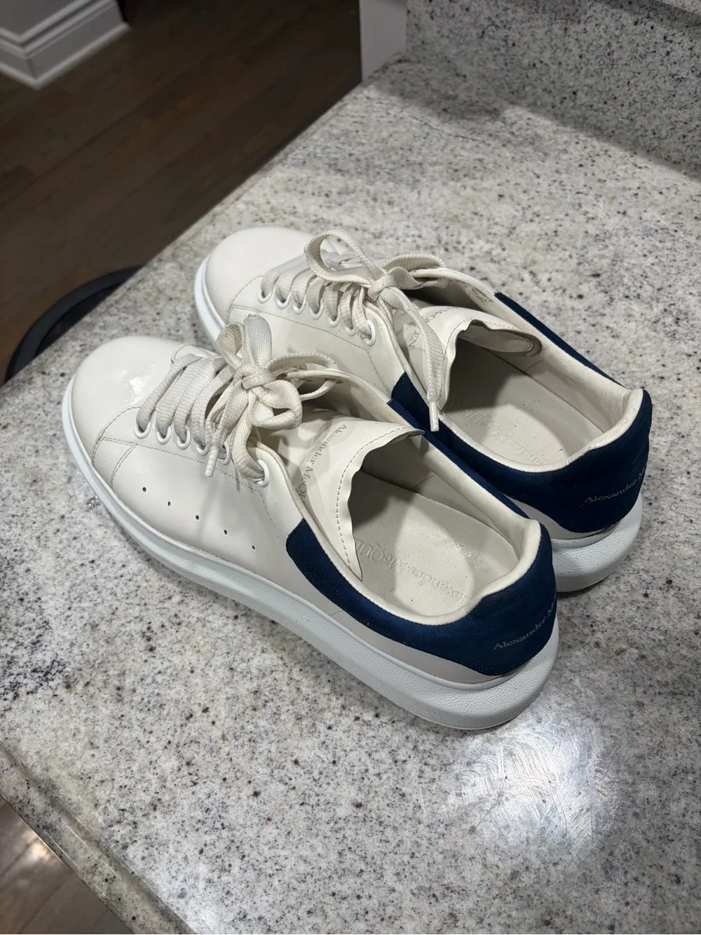 Alexander McQueen Off-White Leather Sneakers with Navy Heel